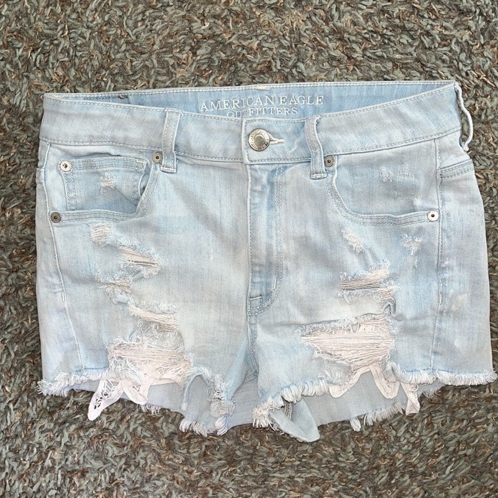 EXCELLENT DISTRESSED CONDITION AMERICAN EAGLE HI-RISE SHORTIE SHORTS SIZE 8 - Picture 3 of 8